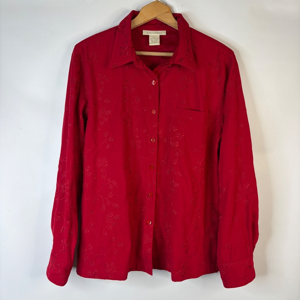 Appleseed's Blouse Women L Red Floral Embroidered Button Front Long Sleeve